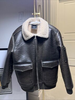 NWOT, Zara Boys Faux Leather Aviator Jacket Sherpa Collar Brown NWOT Size 13-14